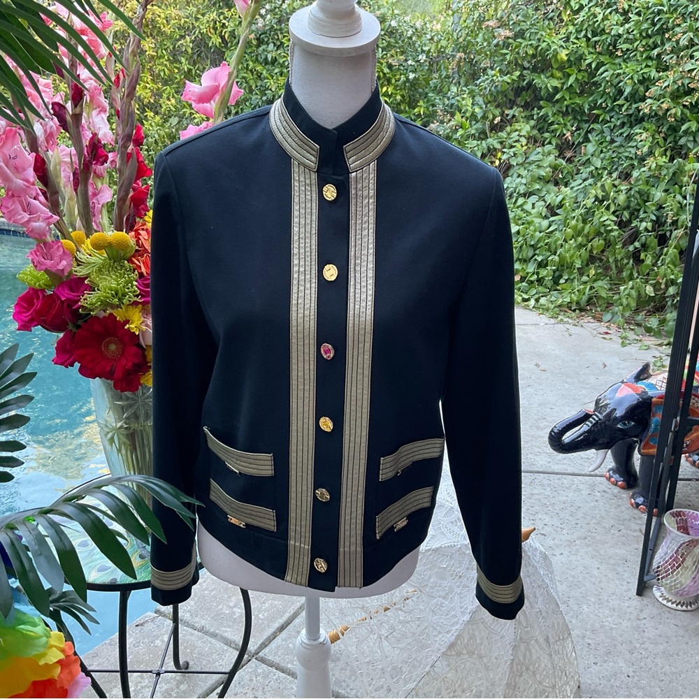 StJohn Sz P Black with gold trim dress suit couture Jacket career evening ⭐️